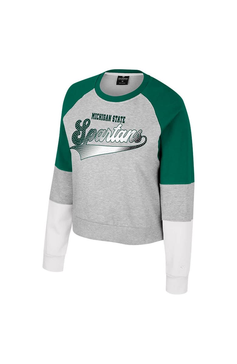 COLOSSEUM Girls Youth Colosseum Heather Gray Michigan State Spartans Katinka Rhinestone Pullover Sweatshirt, Alternate, color, Heather Gray