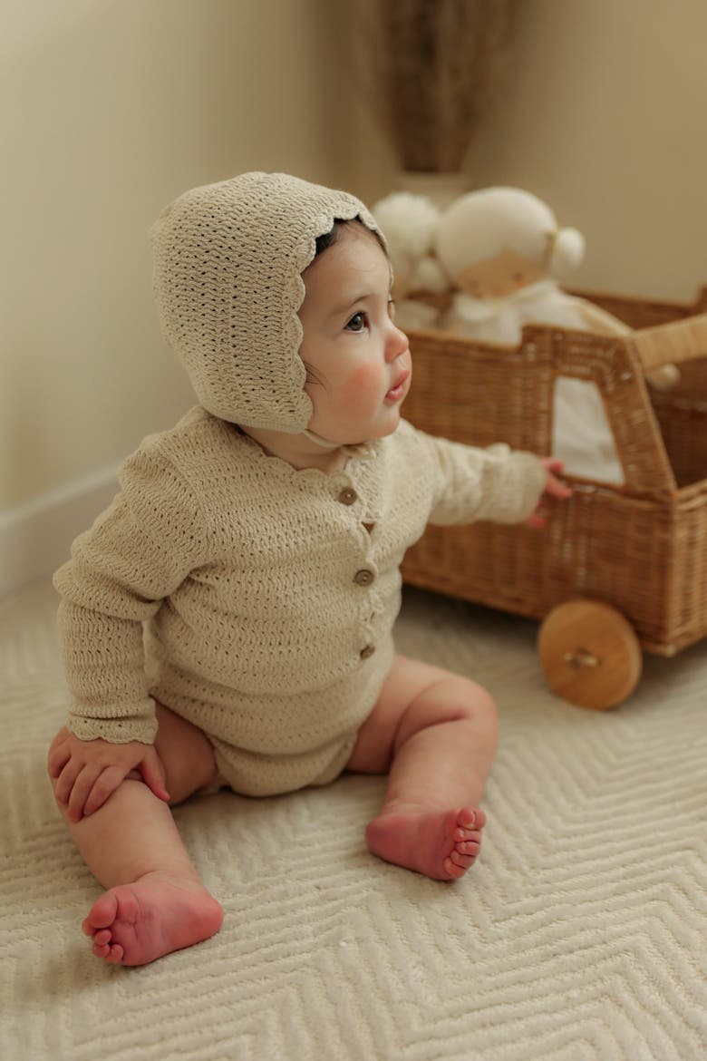 Scalloped Button Cardigan Romper & Knit Hat Set, Alternate, color, Petal