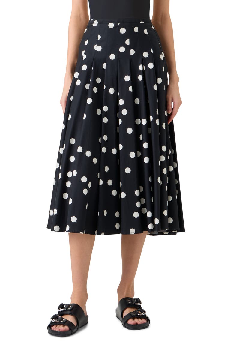 Pleated Polka Dot Cotton Sateen Midi Skirt, Main, color, BLACK-CREAM