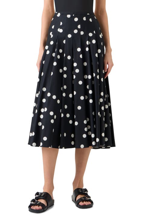 Pleated Polka Dot Cotton Sateen Midi Skirt