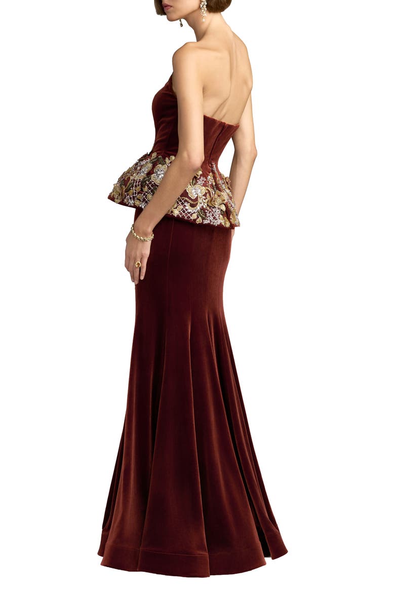 Embellished Velvet Peplum Strapless Gown, Alternate, color, Cognac