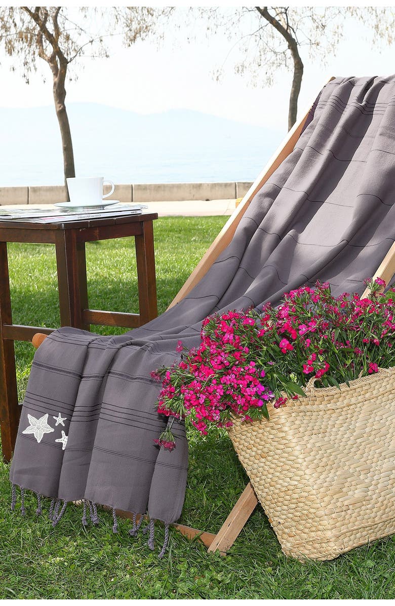 Linum Home Textiles 100% Turkish Cotton Summer Fun - Glittery Starfish Pestemal Beach Towel - Grey, Alternate, color, 