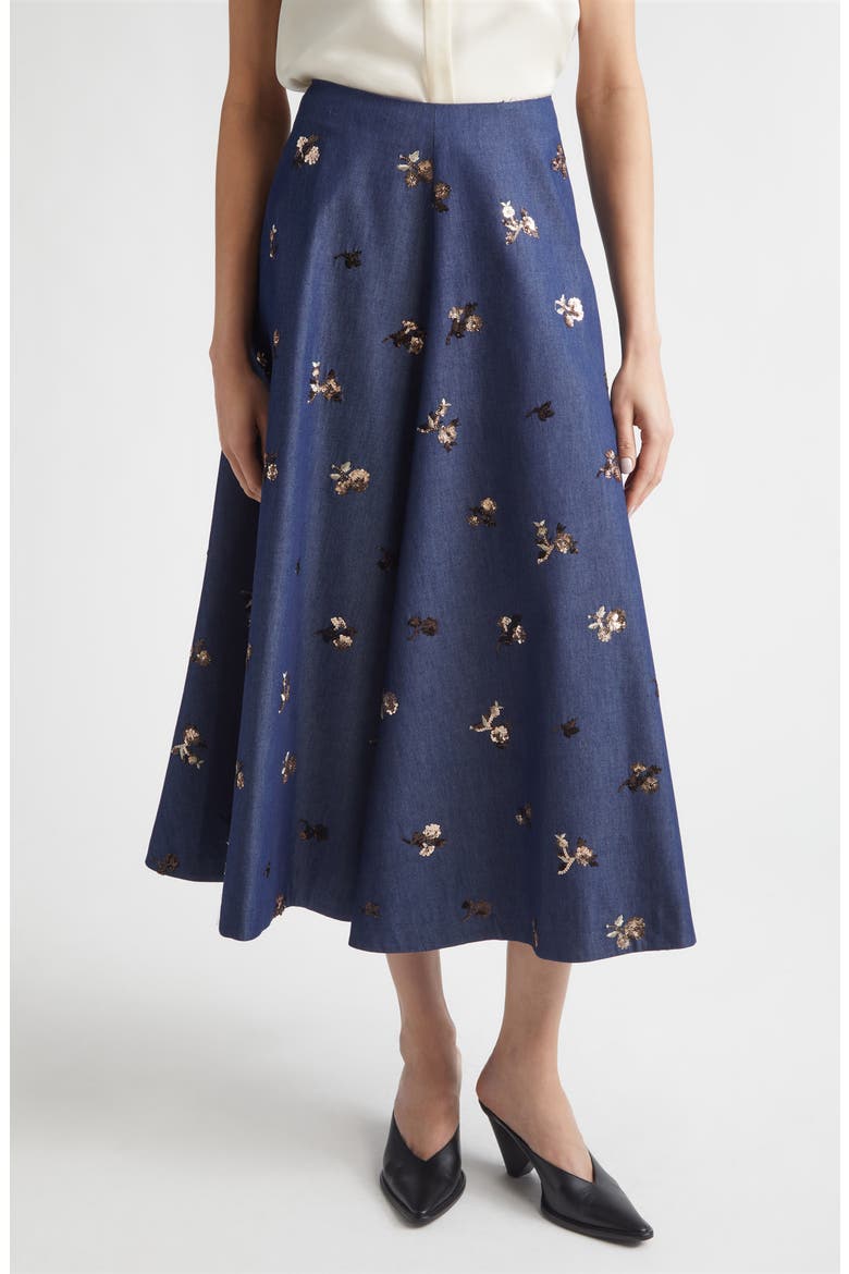 Varda Sequin Embellished Floral A-Line Skirt, Main, color, MIDNIGHT