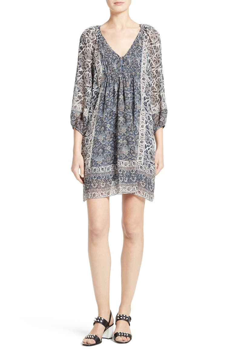 'Foxley' Floral Print Silk Peasant Dress, Main, color, DUSTY INDIGO