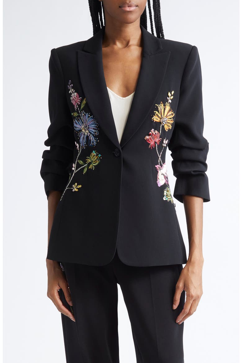 Sequin Floral Scrunched Sleeve Blazer, Main, color, BLACK/MULTI