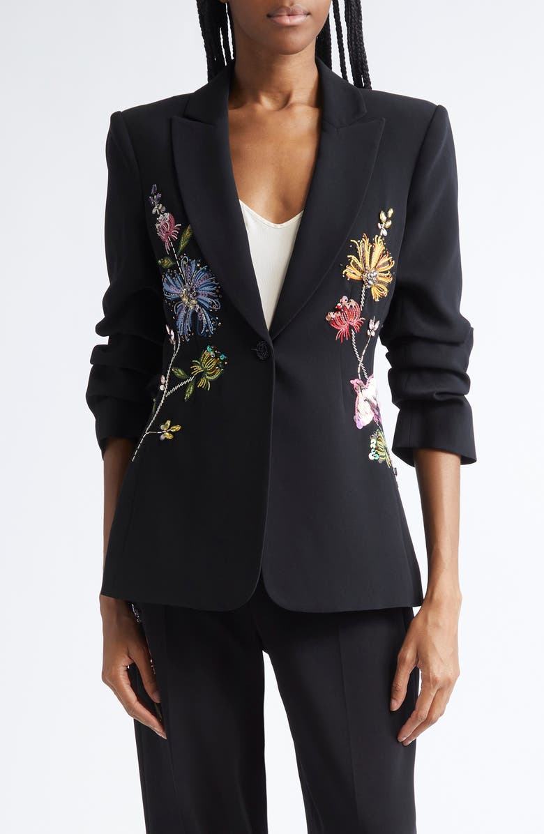 Cinq à Sept Sequin Floral Scrunched Sleeve Blazer, Main, color, Black/Multi