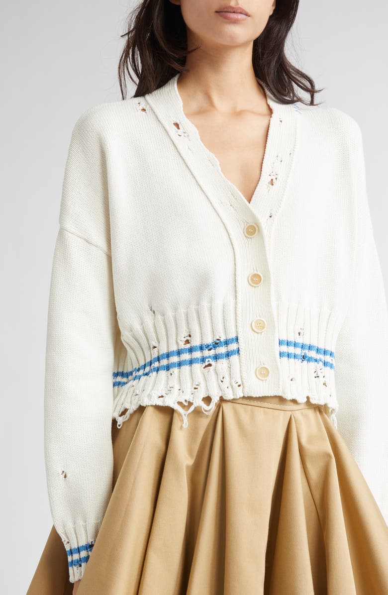 Marni Mending Logo Distressed Boxy Cotton Cardigan, Alternate, color, V2w01 Lily White
