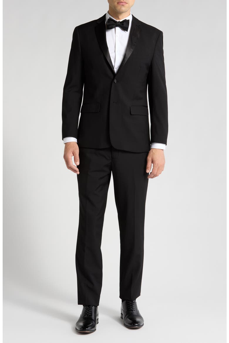 Satin Notch Lapel Stretch Tuxedo Suit, Main, color, BLACK