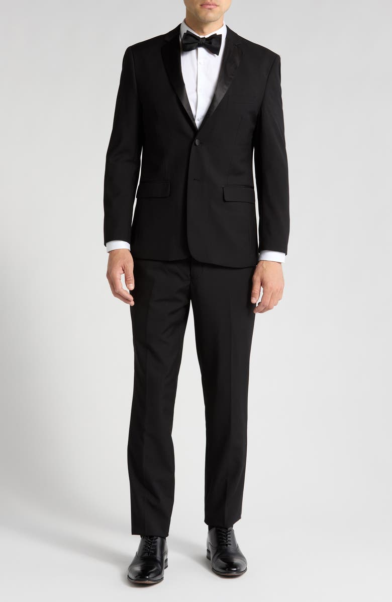 Gino Vitale Satin Notch Lapel Stretch Tuxedo Suit, Main, color, Black
