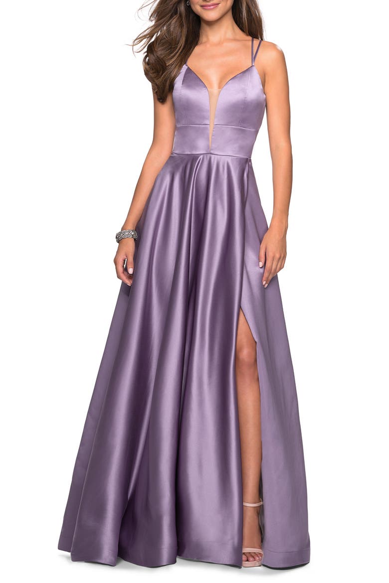 Strappy Back Satin Ballgown, Main, color, LAVENDER/ GRAY