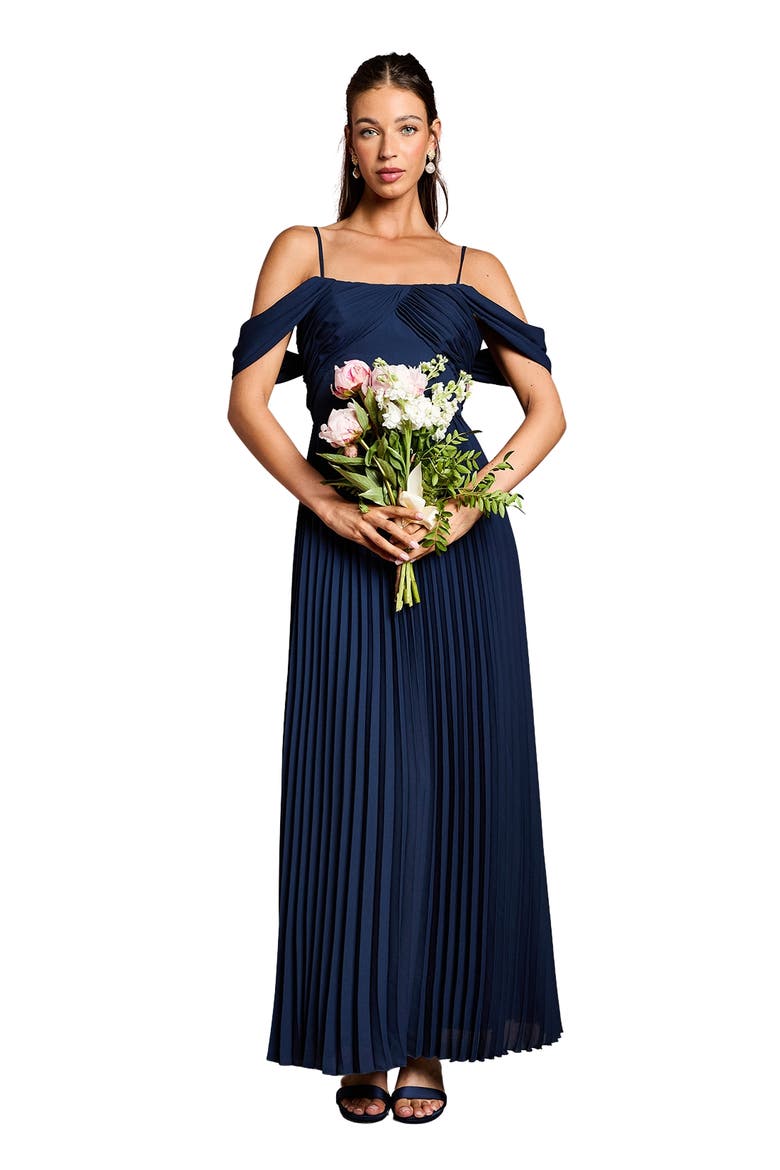Bardot Pleated Maxi Bridesmaid Dress, Main, color, Navy
