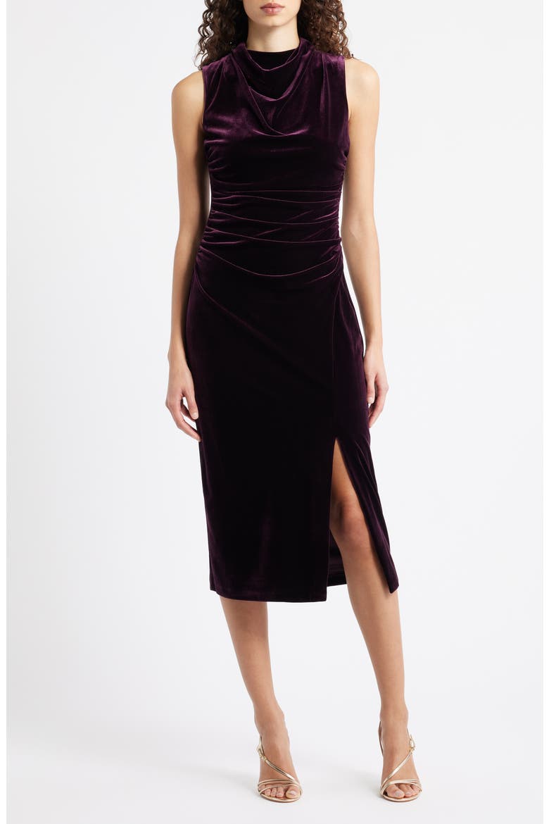 Cowl Neck Velvet Midi Dress, Main, color, MAROON