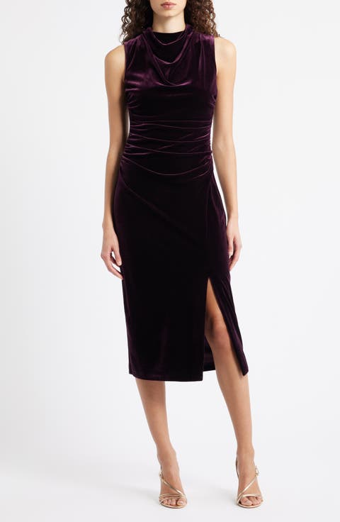 Cowl Neck Velvet Midi Dress