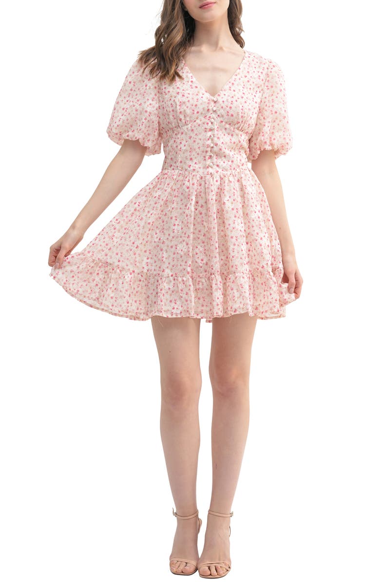 All in Favor Floral Puff Sleeve Minidress, Main, color, Cream Pink Ditsy