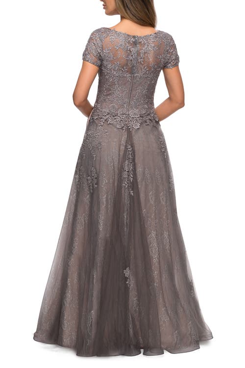 La Femme A-line Dress With Lace Detail And Sheer Cap Sleeves In Platinum