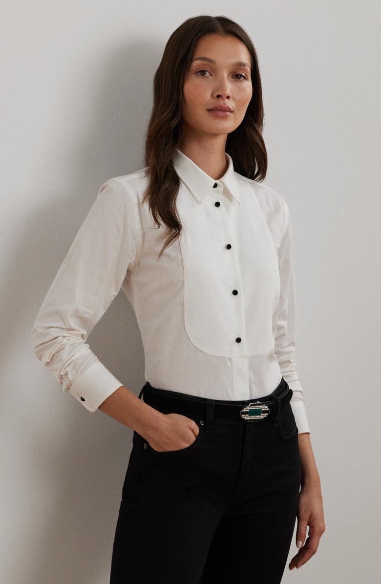 Lauren Ralph Lauren Bib Front Cotton Broadcloth Tuxedo Shirt, Alternate, color, 