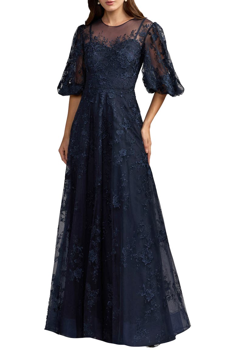 Embroidered Illusion Neck Puff Sleeve A-Line Gown, Main, color, Midnight