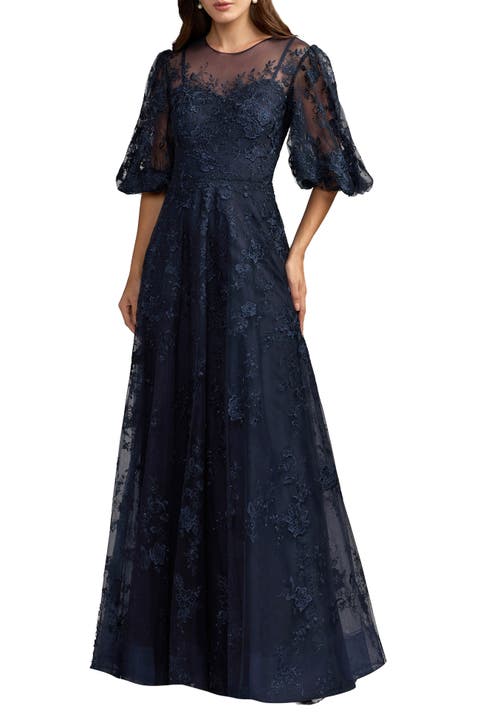 Embroidered Illusion Neck Puff Sleeve A-Line Gown