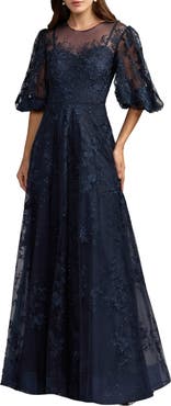 Mac Duggal Embroidered Illusion Neck Puff Sleeve A-Line Gown