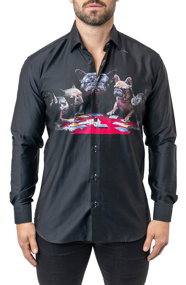 Maceoo Fibonacci Poker Dogs Cotton Button-Up Shirt, Main, color, Black