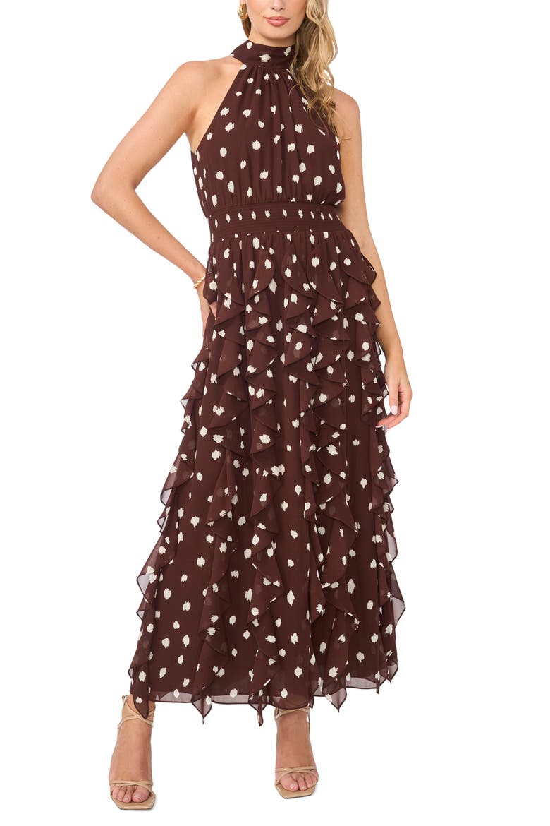 Flounce Cascading Maxi Dress, Main, color, MAHOGANY