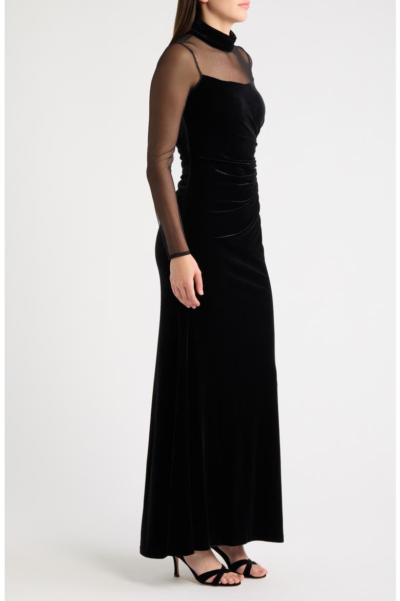 Mock Neck Long Sleeve Mixed Media Gown, Alternate, color, BLACK
