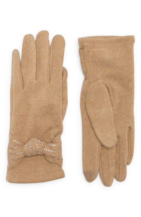 Rhinestone Bow Faux Suede Gloves