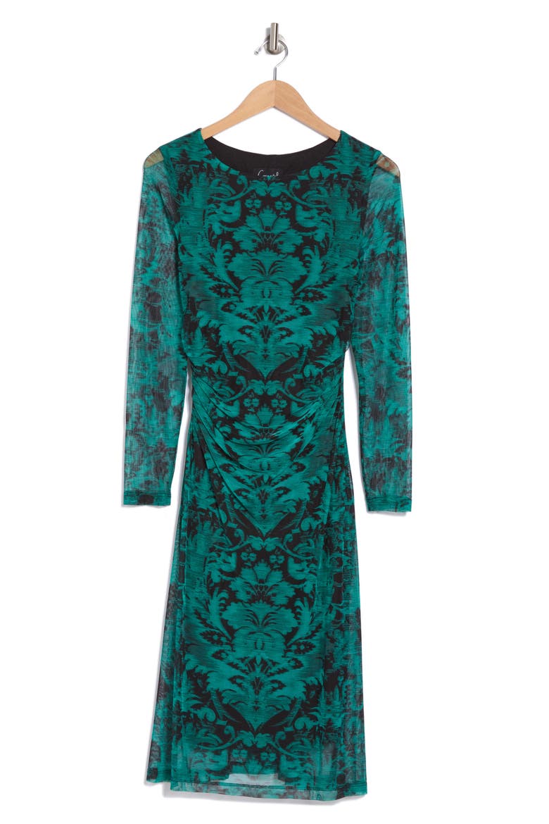 Long Sleeve A-Line Mesh Midi Dress, Alternate, color, SPRUCE
