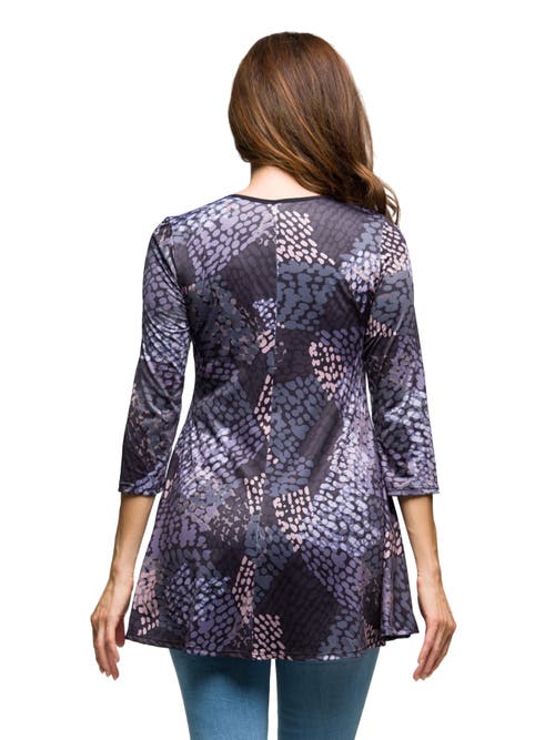 24seven Comfort Apparel Abstract Print V-neck Three Quarter Sleeve Tunic Top In Purple