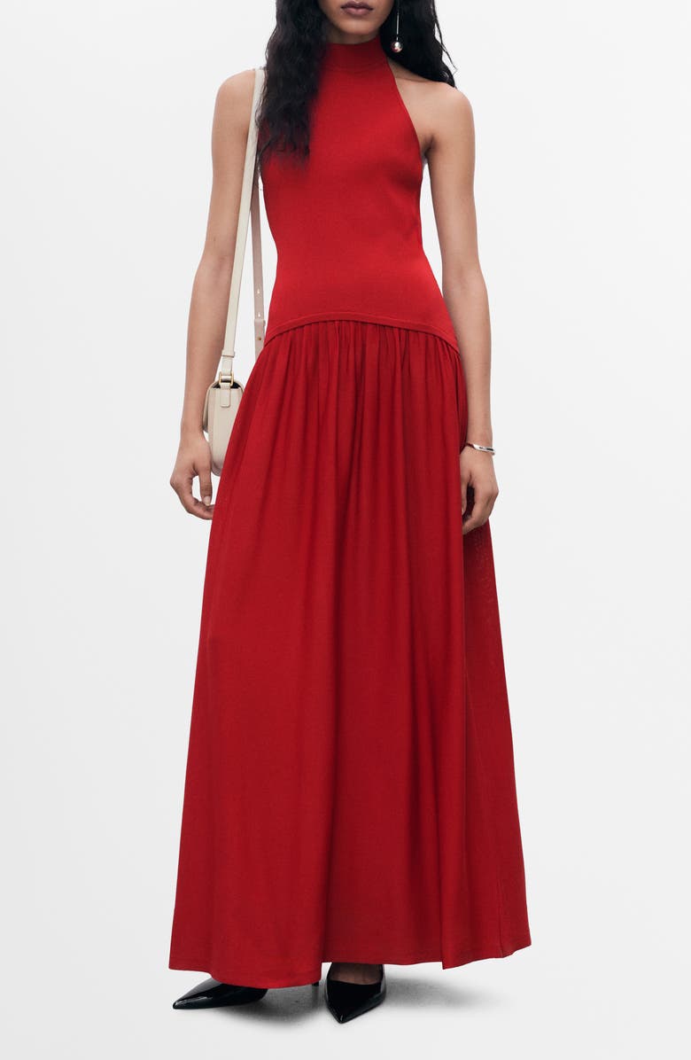 MANGO Halter Mixed Media Dress, Main, color, Red
