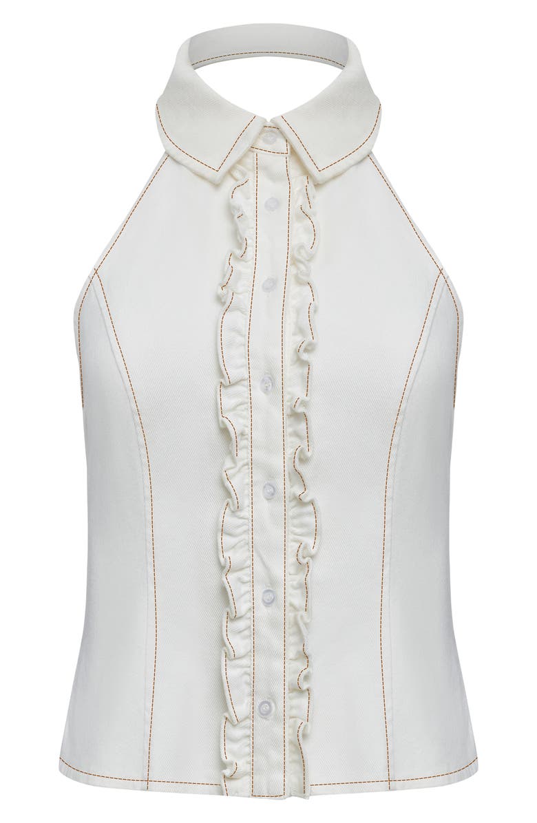 LIONESS Afterglow Ruffle Denim Halter Top, Alternate, color, Porcelain