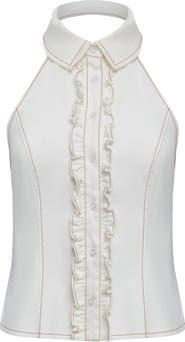 LIONESS Afterglow Ruffle Denim Halter Top