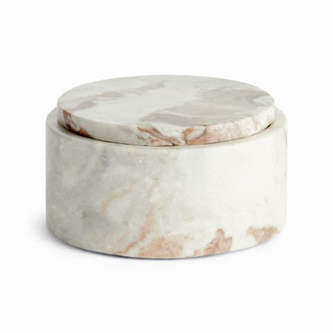 Jaqueline Round Lidded Box Wide - Brown/White Marble Accent