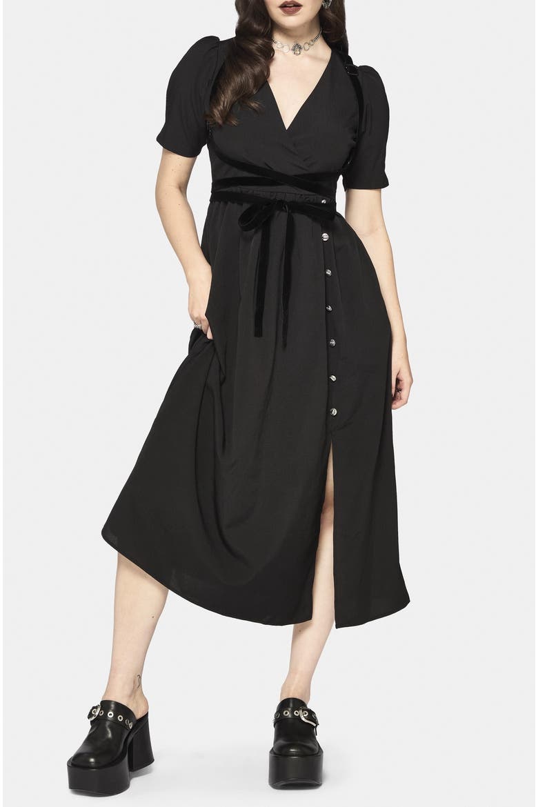 Brae Wrap Centipede Button Midi Dress, Main, color, Black
