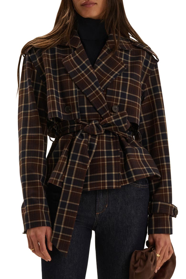 The Cropped Charles Plaid Trench Coat, Main, color, TOFFEE PLAID