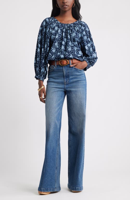Treasure & Bond Print Raglan Sleeve Cotton Top In Blue