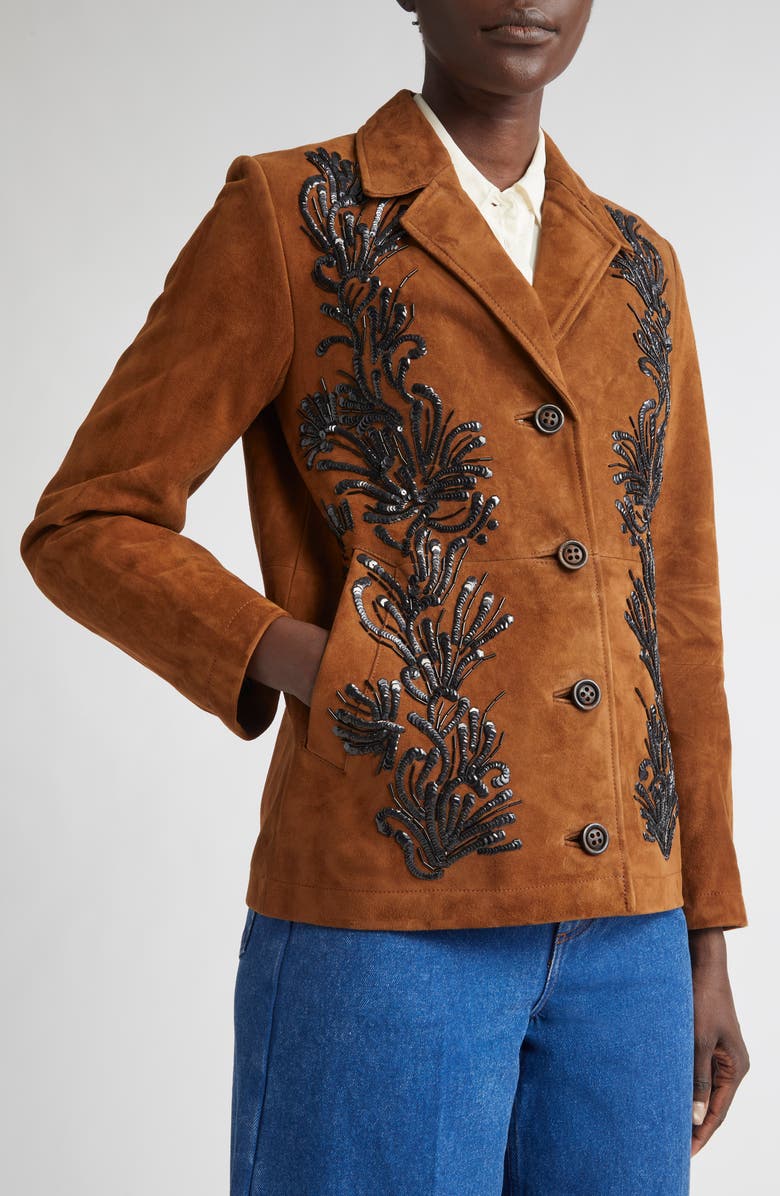 ST. JOHN Ojai Sequin & Bead Embellished Suede Jacket, Alternate, color, Toffee/ Black