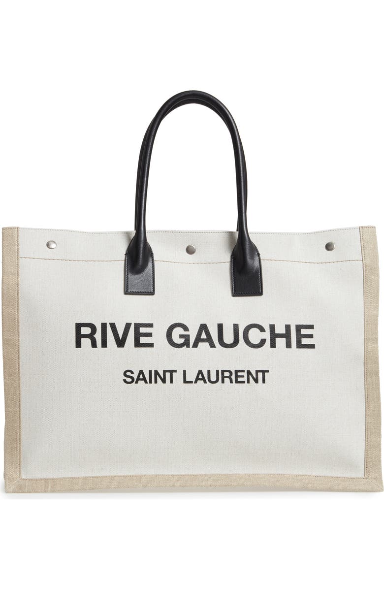 Saint Laurent Noe Rive Gauche Logo Linen Tote, Main, color,