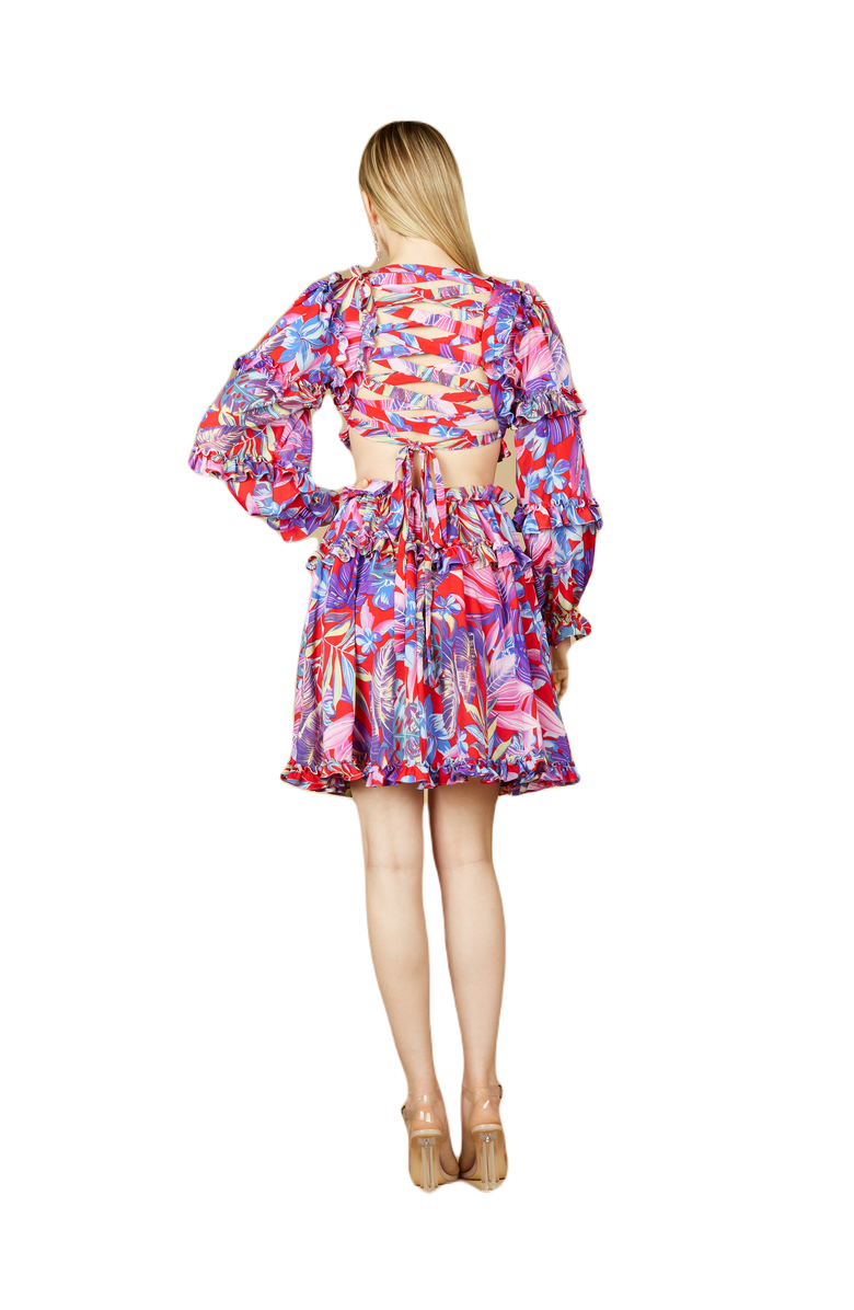 LARA New York Long Sleeve Print Cocktail Short with Lace Up Back and Cutouts, Alternate, color, Red