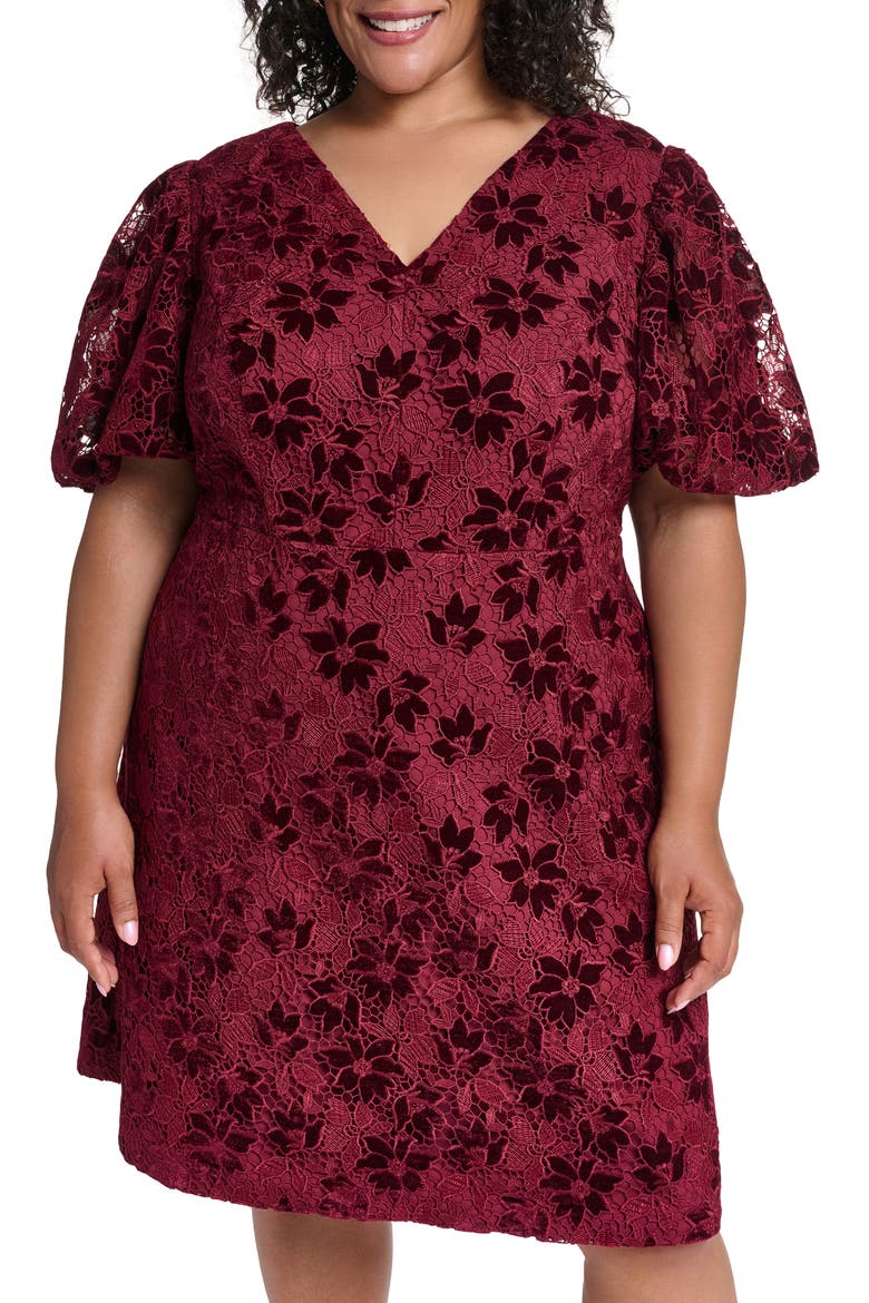 Lace & Velvet A-Line Dress, Alternate, color, WINE
