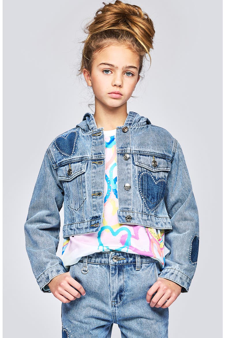 Kids' Heart Hooded Denim Jacket, Alternate, color, STONEWASH