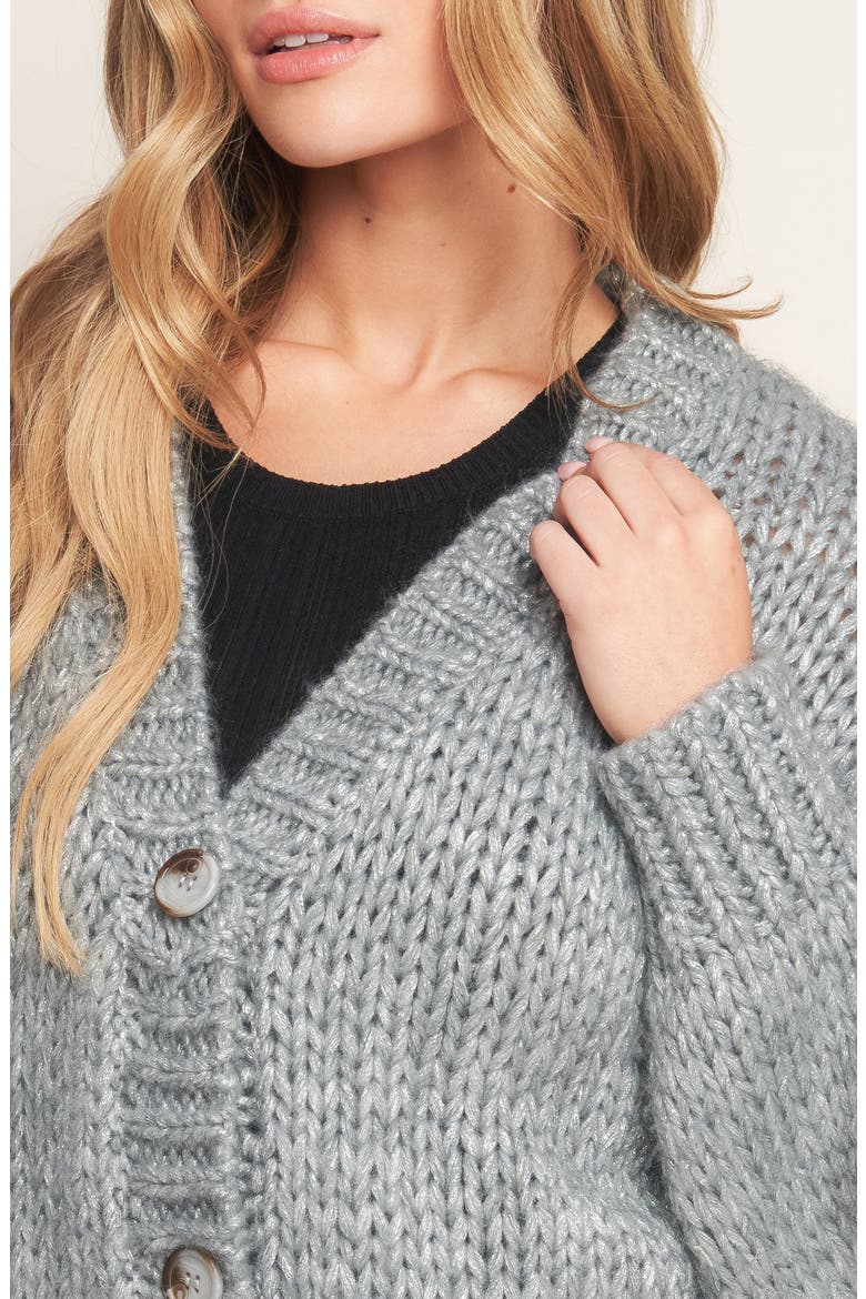 Shimmer V-Neck Cardigan, Alternate, color, GREY/SILVER