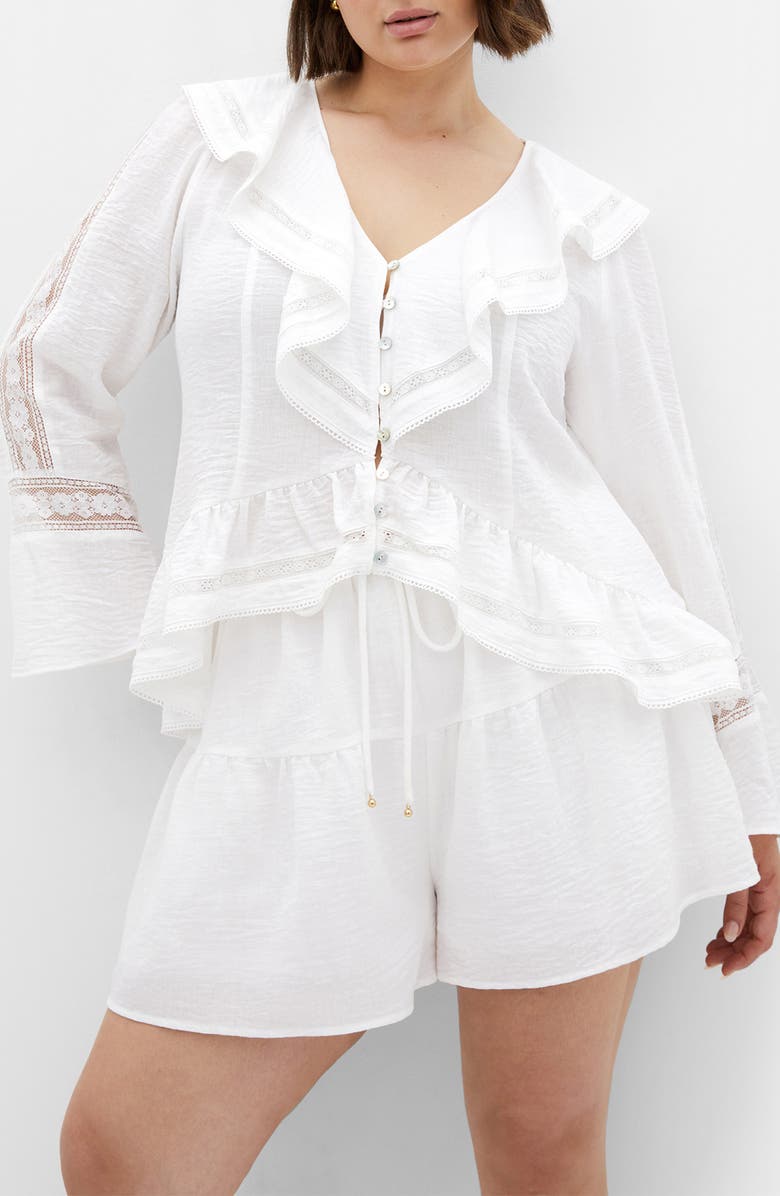 City Chic Sara Ruffle Button-Up Top, Main, color, 