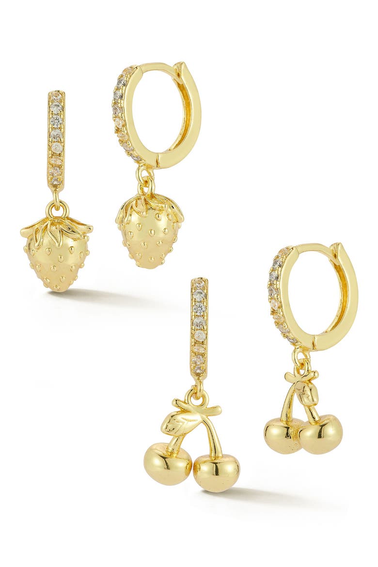 Set of 2 Strawberry & Cherry Drop Huggie Hoop Earrings, Main, color, GOLD