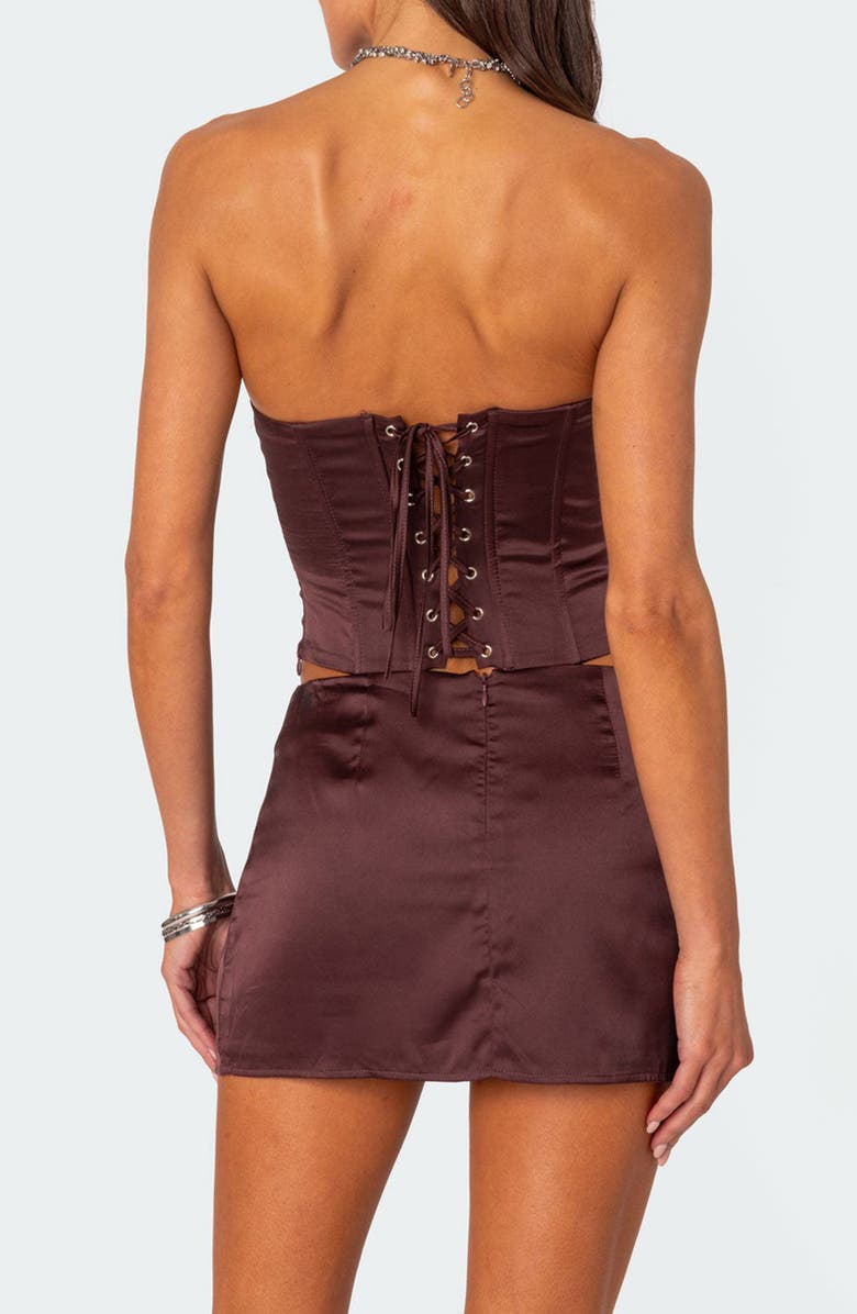 EDIKTED Bea Strapless Satin Corset Top, Alternate, color, Brown
