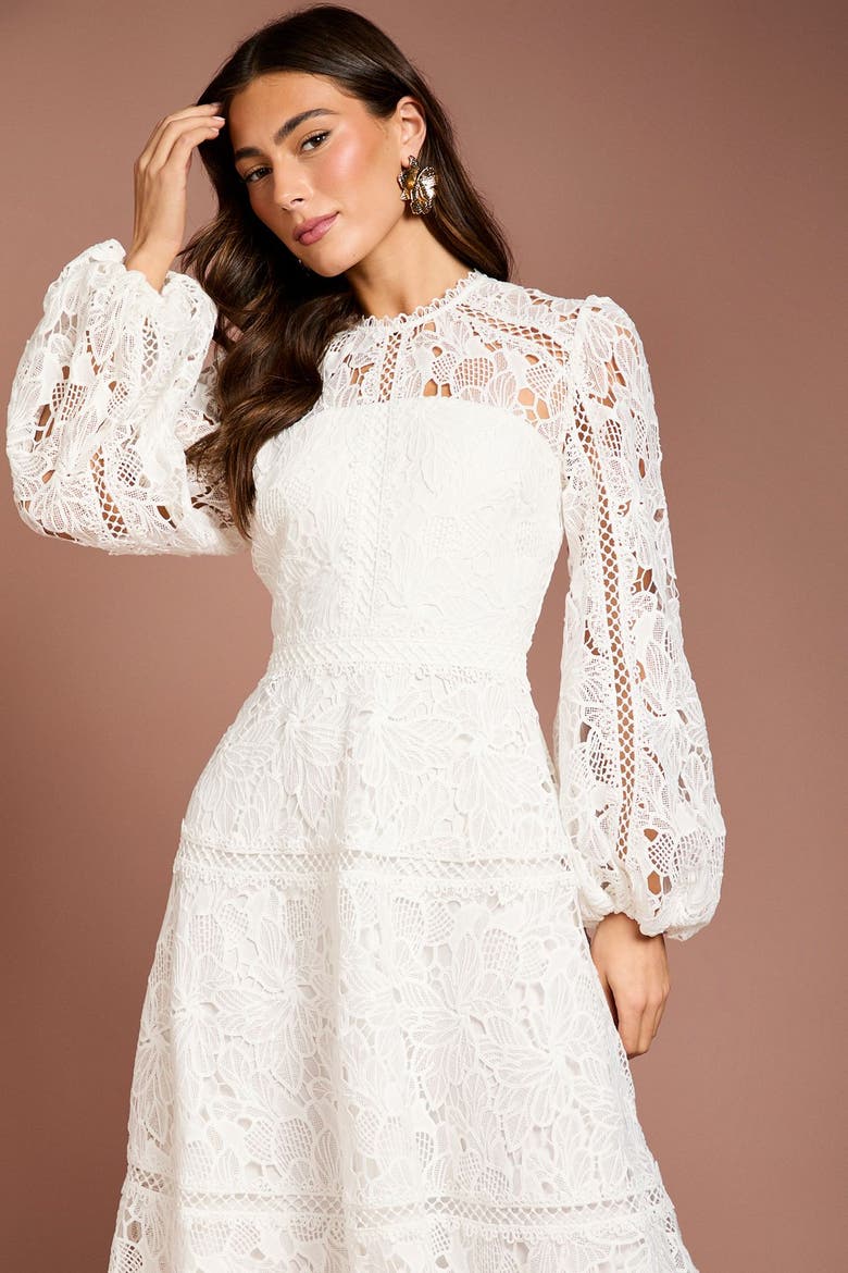Lace Panel Long Sleeve Midi Dress, Alternate, color, Ivory