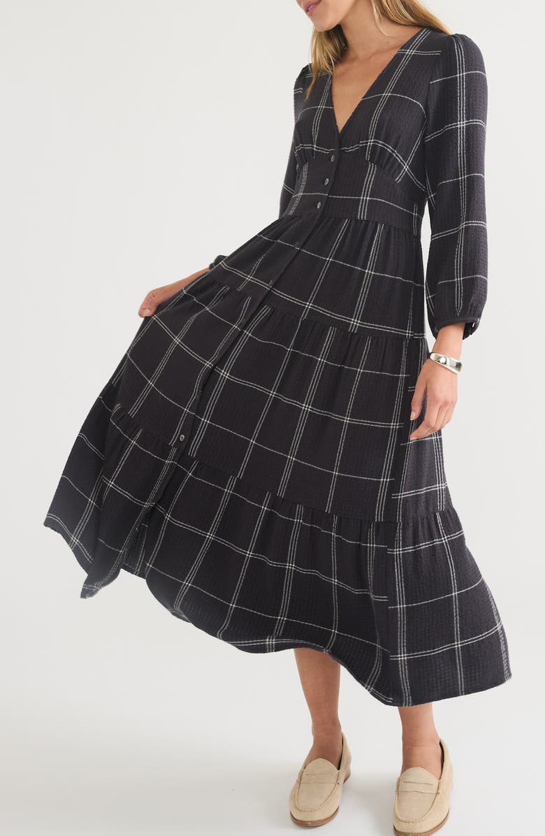 Marine Layer Maeve Plaid Long Sleeve Tiered Maxi Dress, Alternate, color, Black