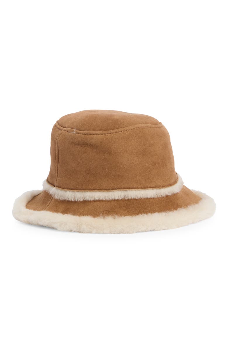 Sheepskin Genuine Shearling Trimmed Bucket Hat, Alternate, color, CHESTNUT