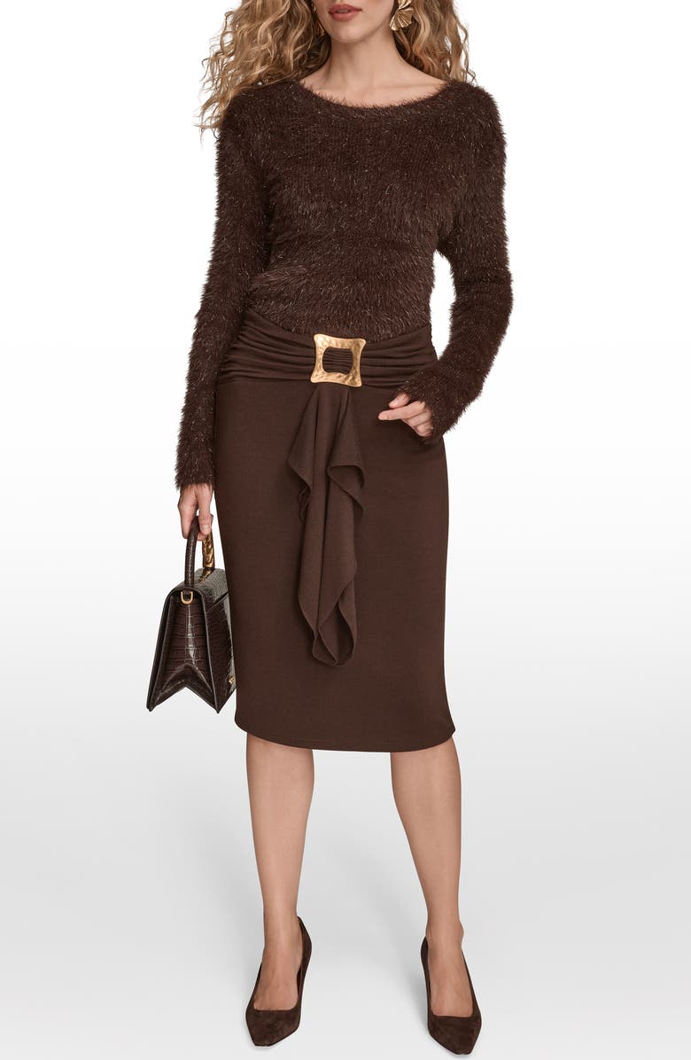 Donna Karan New York Square Buckle Ruffle Knit Skirt, Alternate, color, Chocolt Pl