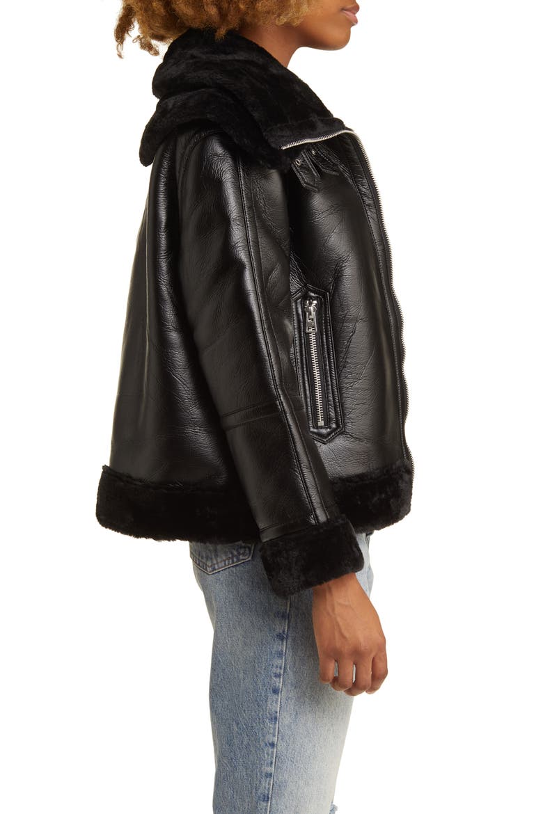 Faux Leather Aviator Jacket with Faux Fur Trim, Alternate, color, BLACK